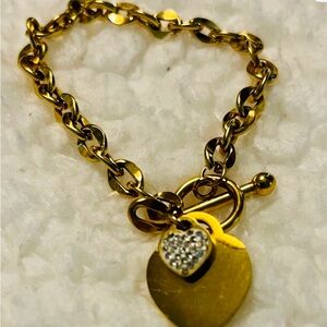 Gold Heart Charm Bracelet with Sparkling Accents